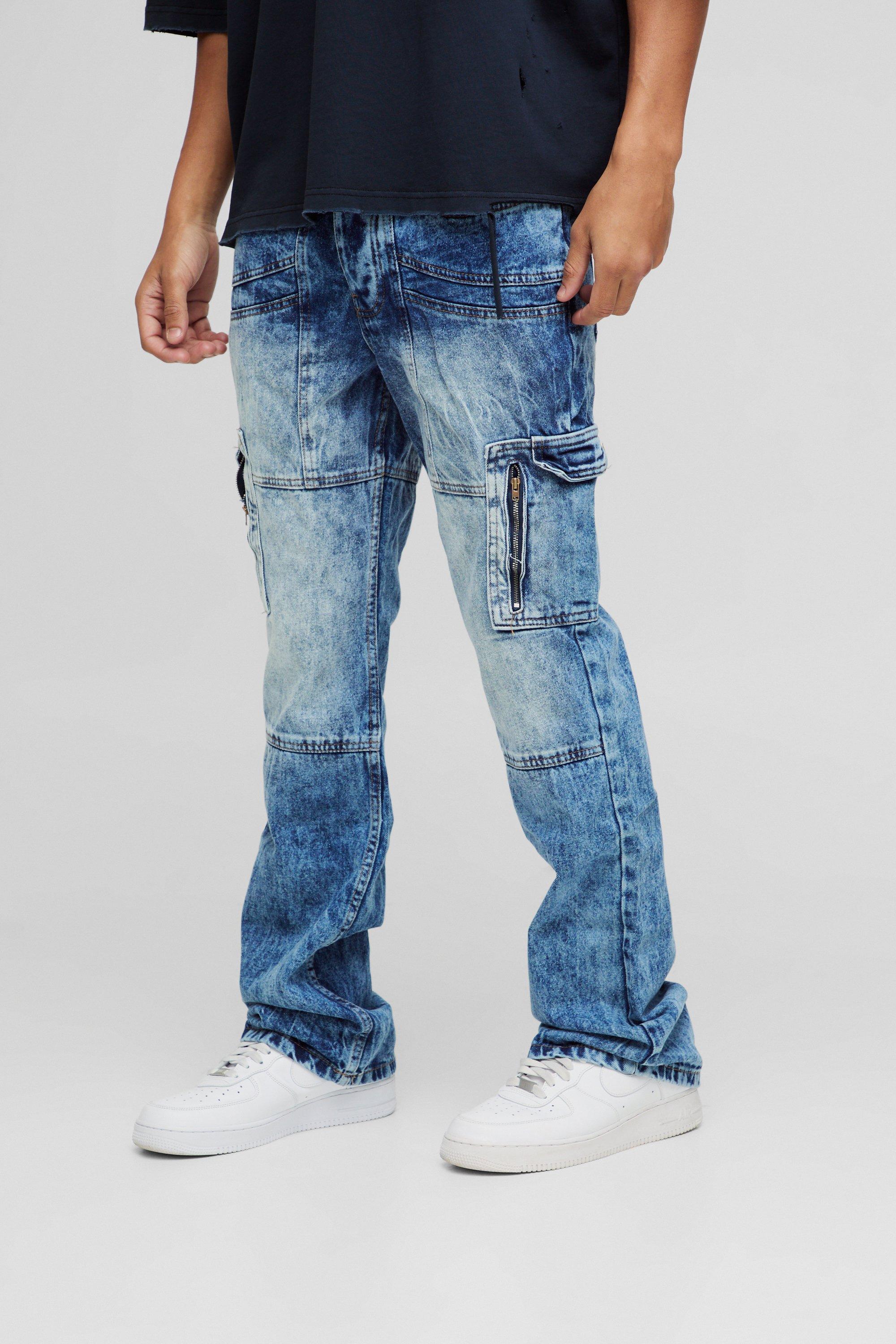 Mens Blue Slim Flared Acid Wash Panel Cargo Jeans, Blue